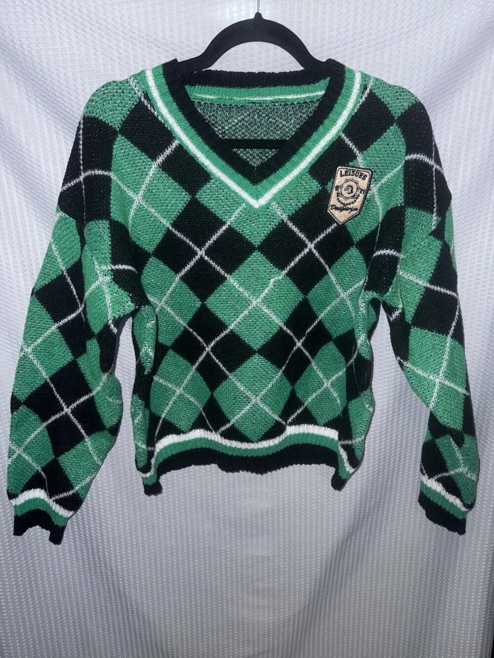 Leisure Dailywear Green and Black Argyle V-Neck Sweater